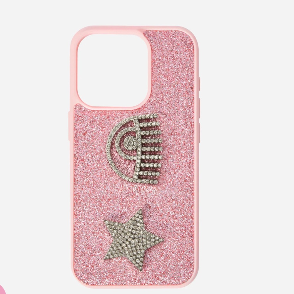 New Chiara ferragani Glitter Pink Phone Case with Star and evil Eye Design.